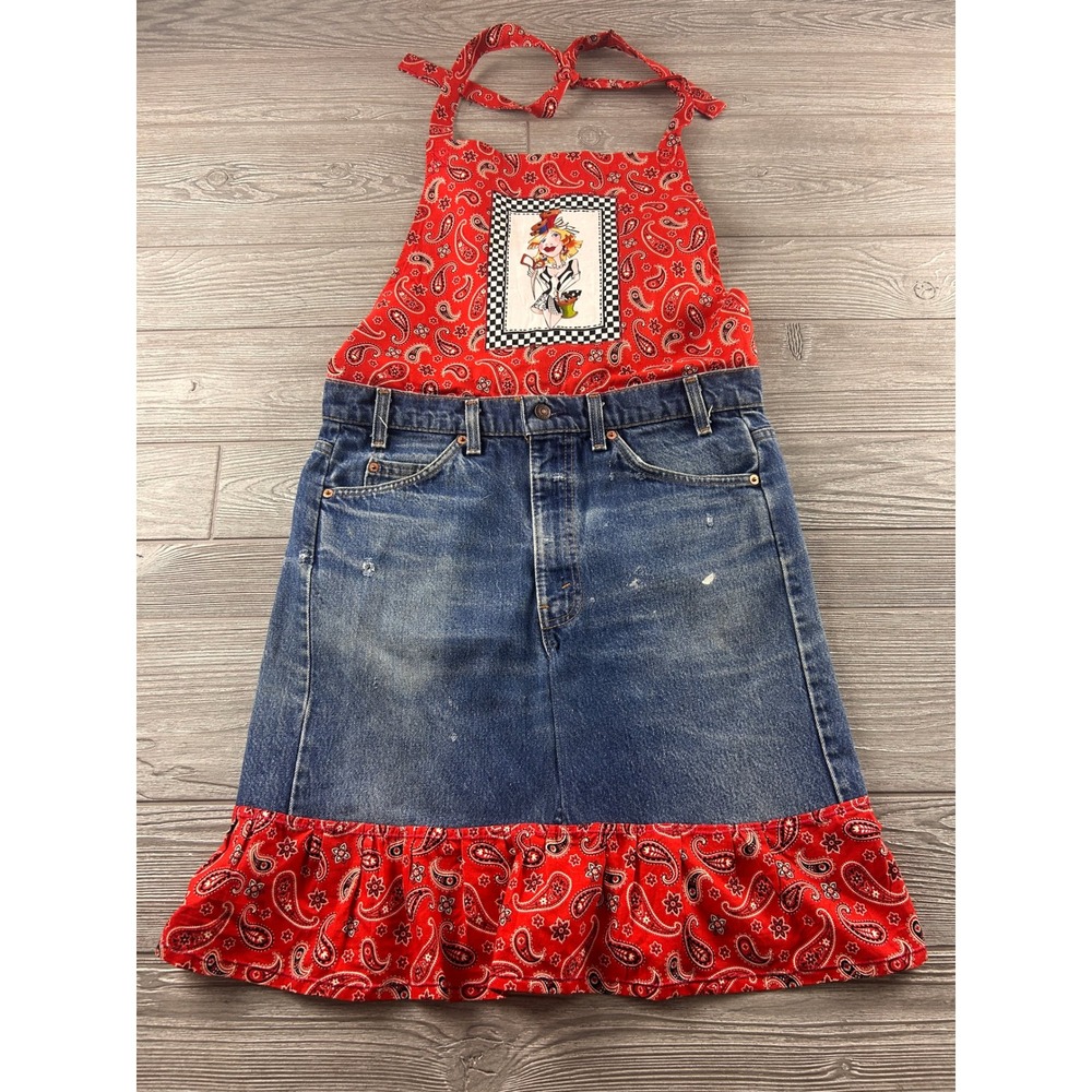 Vintage Levis Upcycled Denim Apron Red Paisley Bandana Handcrafted Halter 1088